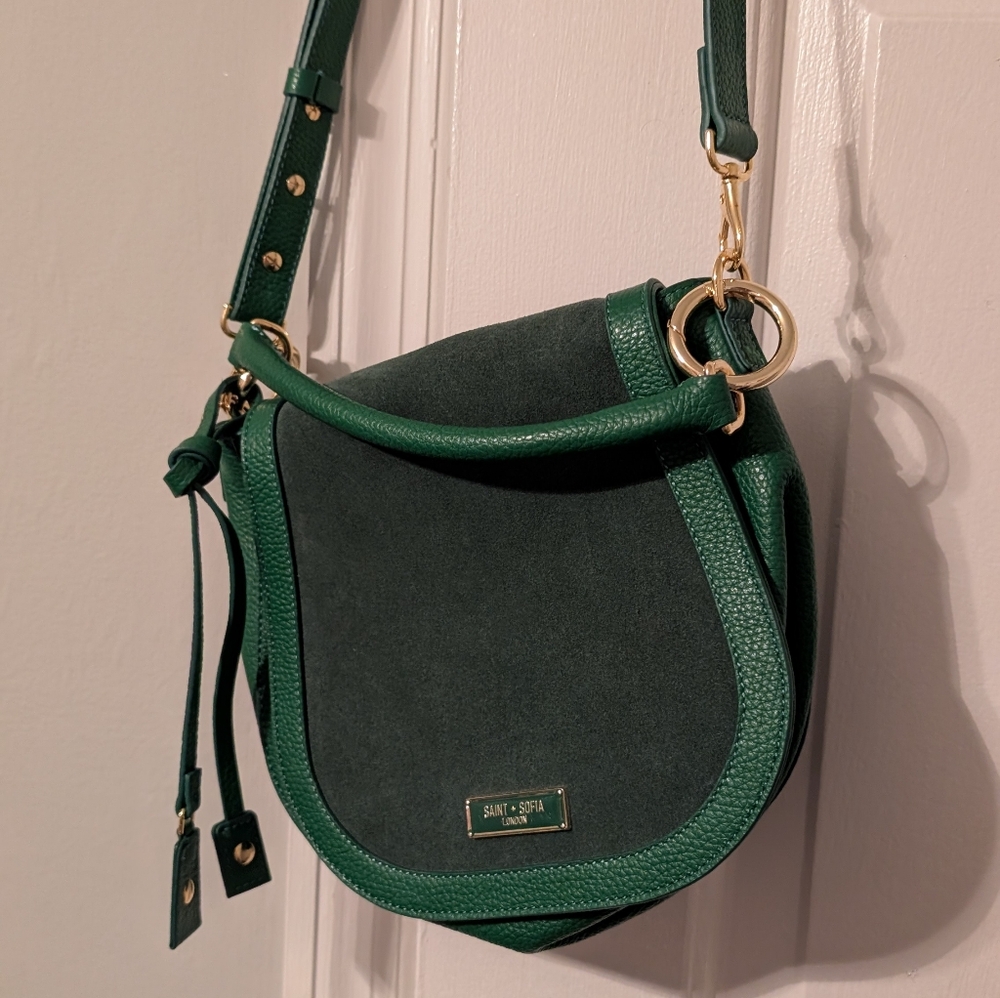 Green Leather & Suede Saint + Sofia Saddle Bag